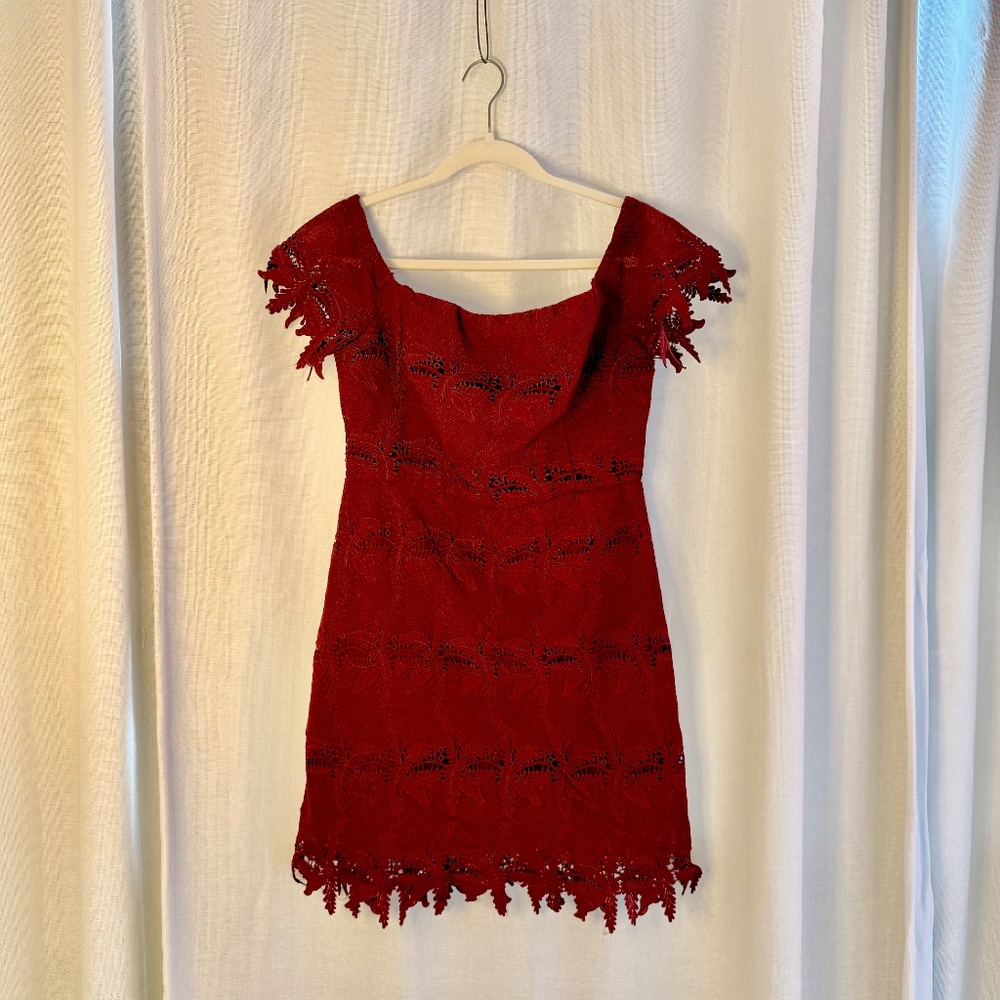 ASTR The Label Valentina Lace Off The Shoulder Mini Dress Maroon Burgundy Size L